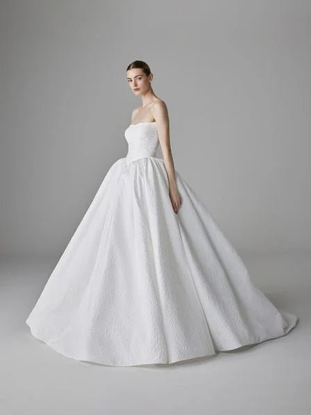 Pronovias Alby Ballgown wedding dress strapless sleeveless in jaquard or soft mikado