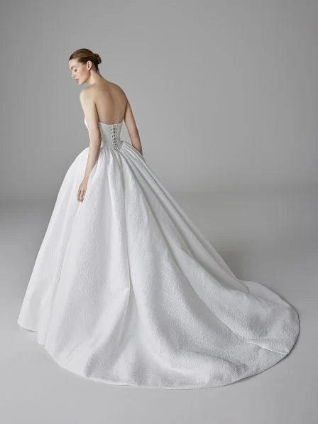 Pronovias Alby Ballgown wedding dress strapless sleeveless in jaquard or soft mikado back