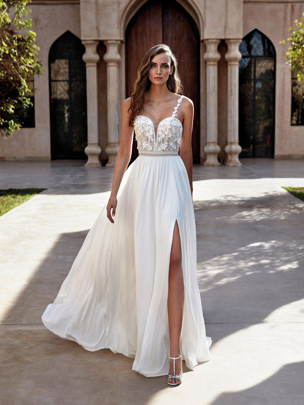 Pronovias NILE A-line wedding dress in chiffon with a V-neckline