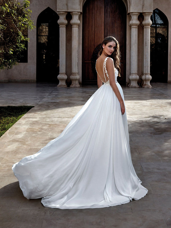 Pronovias NILE A-line wedding dress in chiffon with a V-neckline