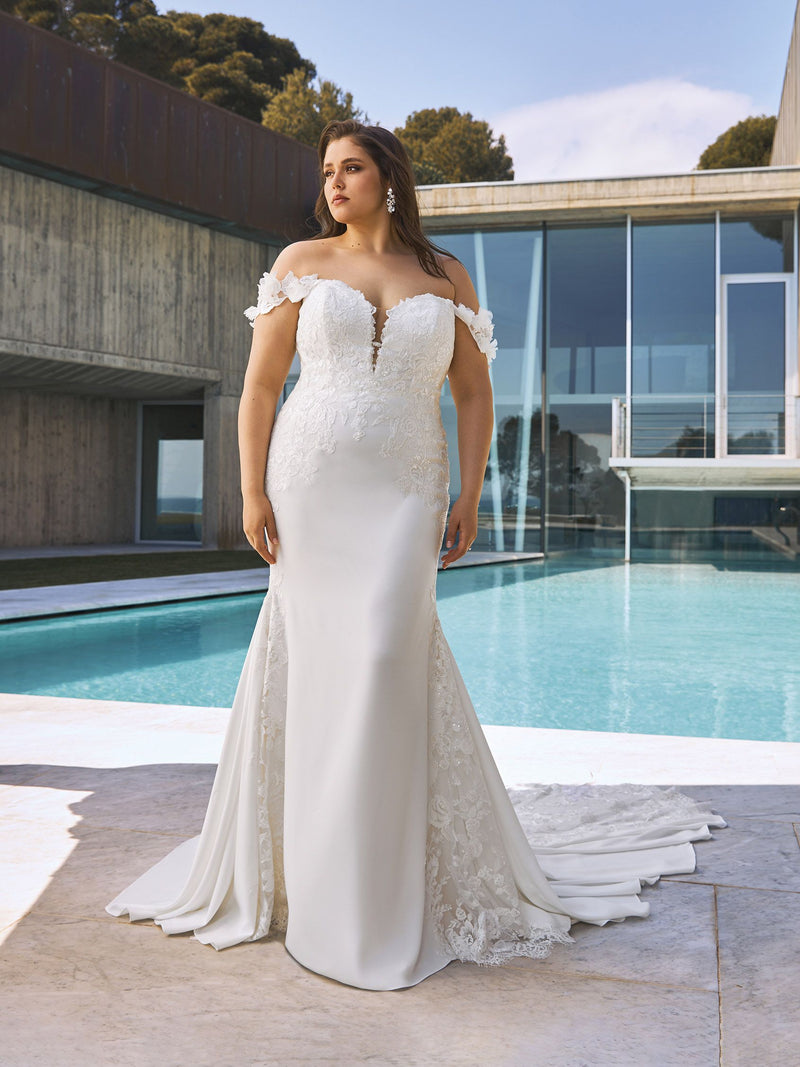 PRONOVIAS OCTAVIA SWEETHEART LACE EMBELLISHED NECK WITH OFF SHOWLDER SLEEVES FITTED MERMAID WEDDING DRESS