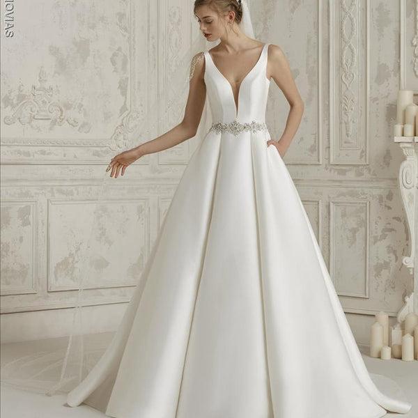 MALENA / Strapless Deep Plunge Wedding Dress with Delicate Beading -  LaceMarry